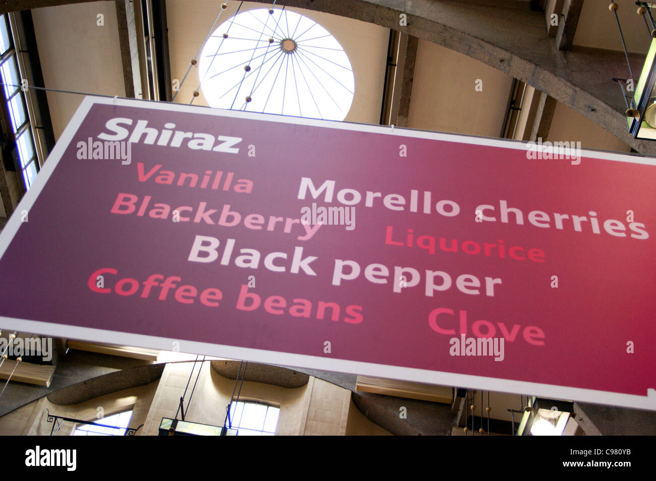 Sign at a Tesco wine fair showing shiraz grape characteristics Stock
