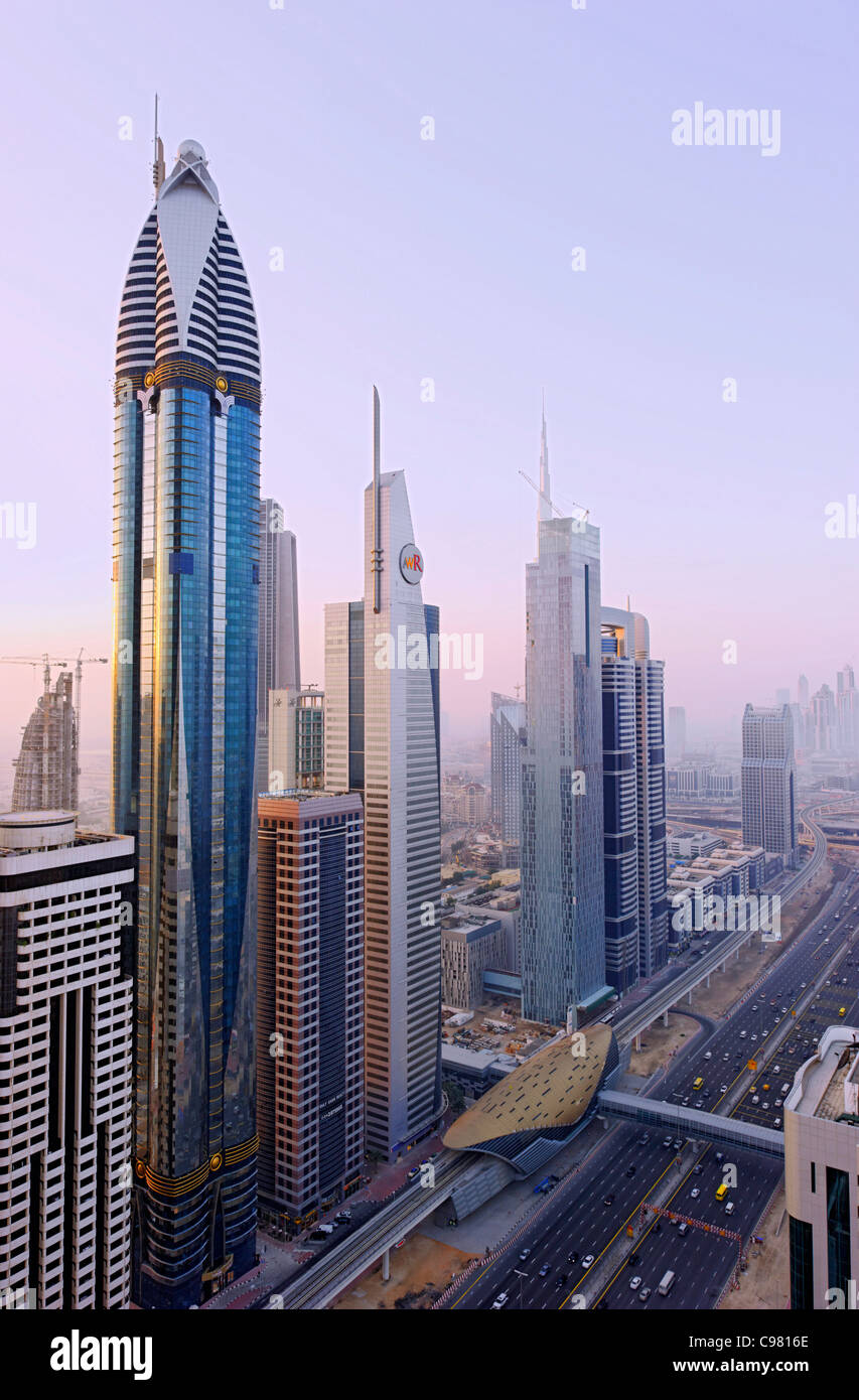 View of downtown Dubai, towers, skyscrapers, hotels, modern architecture, Sheikh Zayed Road, Financial District Dubai Stock Photo