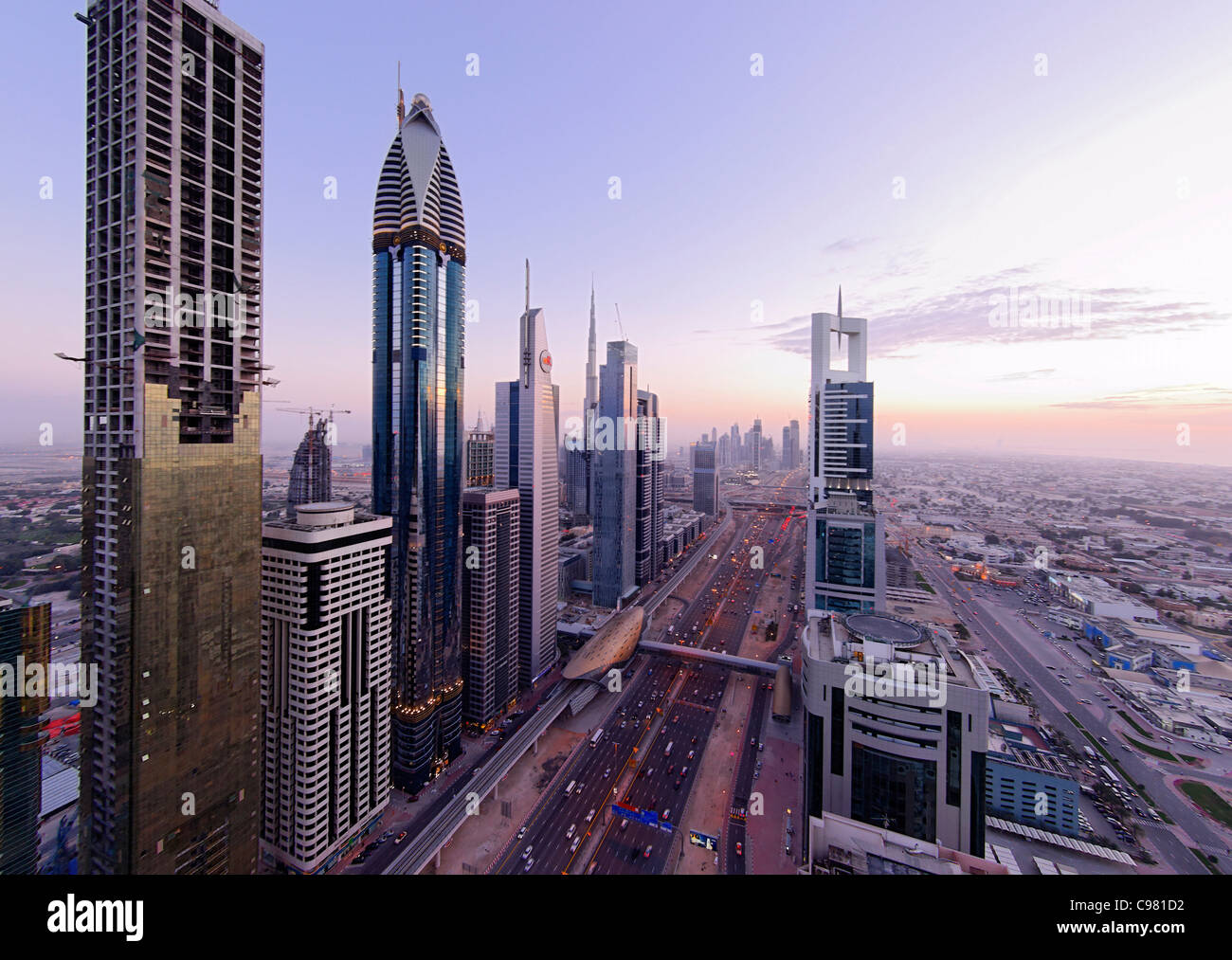 View of downtown Dubai, towers, skyscrapers, hotels, modern architecture, Sheikh Zayed Road, Financial District, Dubai Stock Photo