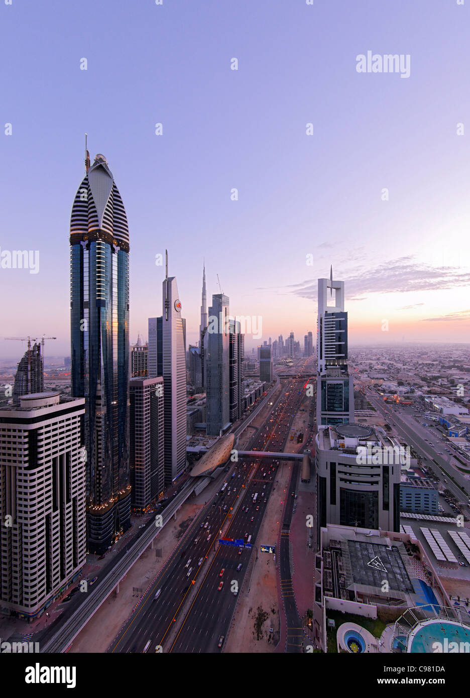 View of downtown Dubai, towers, skyscrapers, hotels, modern architecture, Sheikh Zayed Road, Financial District, Dubai Stock Photo
