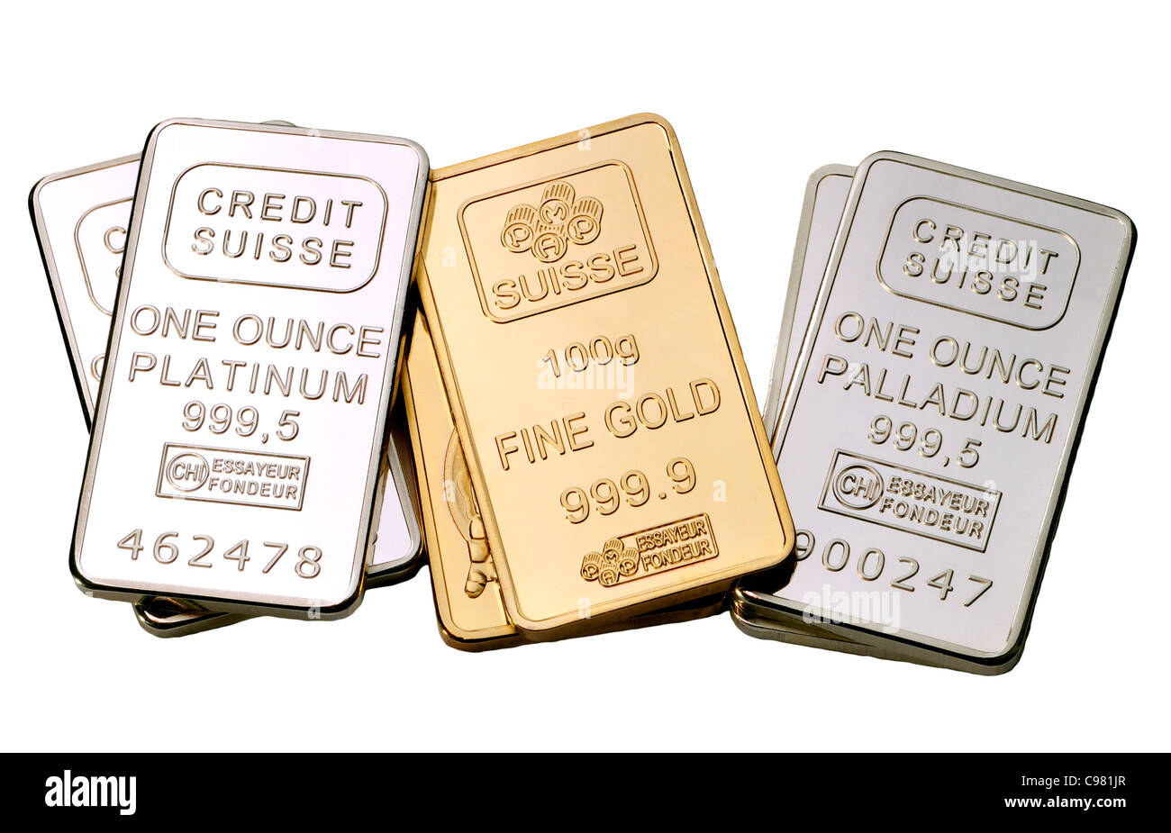 Gold, Platinum and Palladium bullion in 1oz bars / ingots (plated replicas) Cut-out Stock Photo