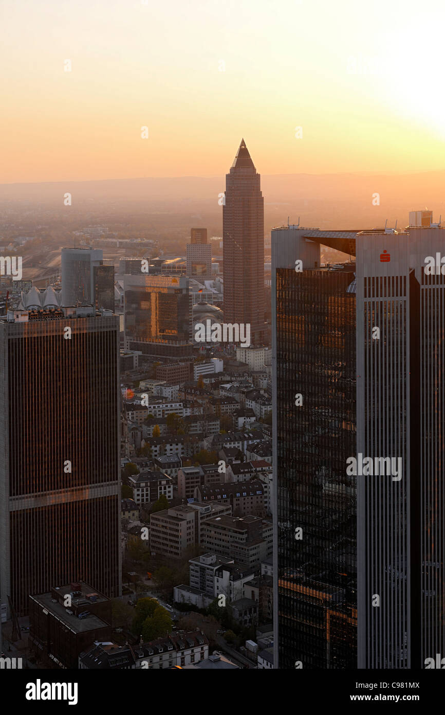 Panoramic view of the financial district skyline at sunset, Frankfurt am Main, Hesse, Germany, Europe Stock Photo