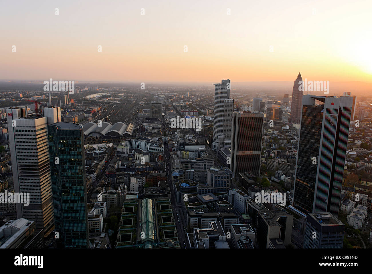 Panoramic view of the financial district skyline at sunset, Frankfurt am Main, Hesse, Germany, Europe Stock Photo