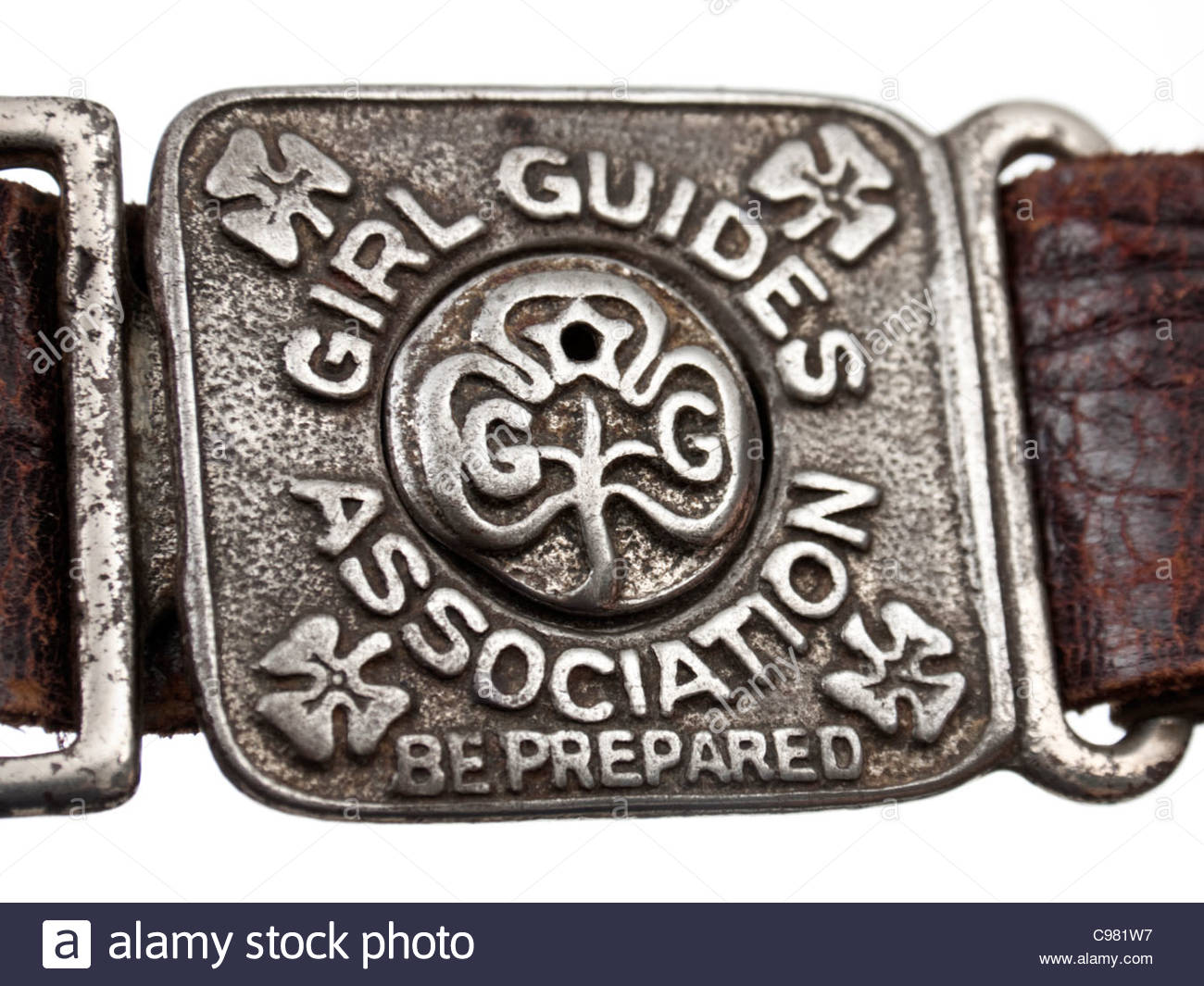 Vintage Girl Guides Association leather belt with buckle showing Stock