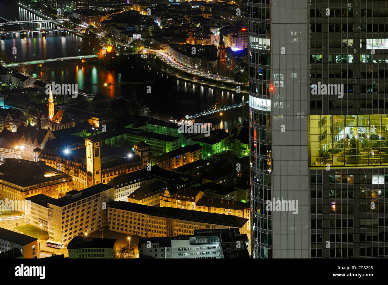 Panoramic view from the Main Tower across Frankfurt am Main at night ...