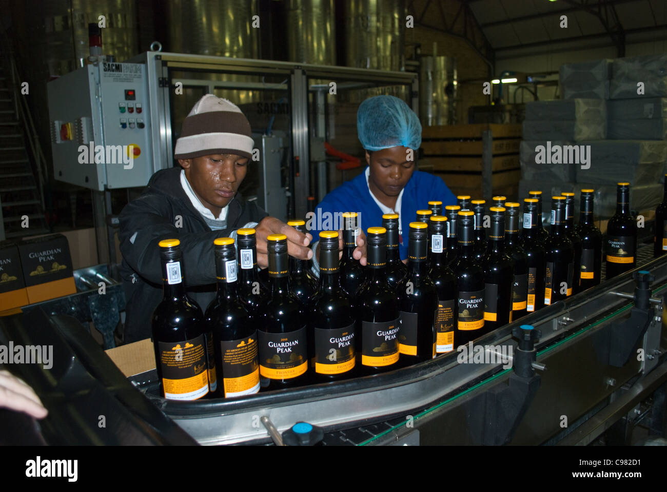 Wine bottling at Koelenhof Winery near Stellenbosch, Western Cape in South Africa. Stock Photo