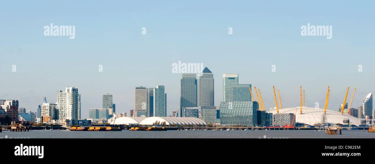 A panoramic view of Canary Wharf and the O2 arena Stock Photo