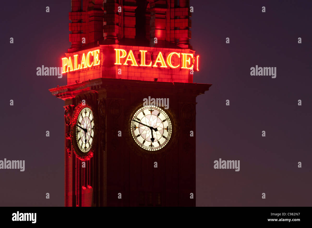 A close up of the clock tower of the Eclectic Baroque Palace Hotel, or Refuge Assurance Building, Oxford Street, Manchester. Stock Photo