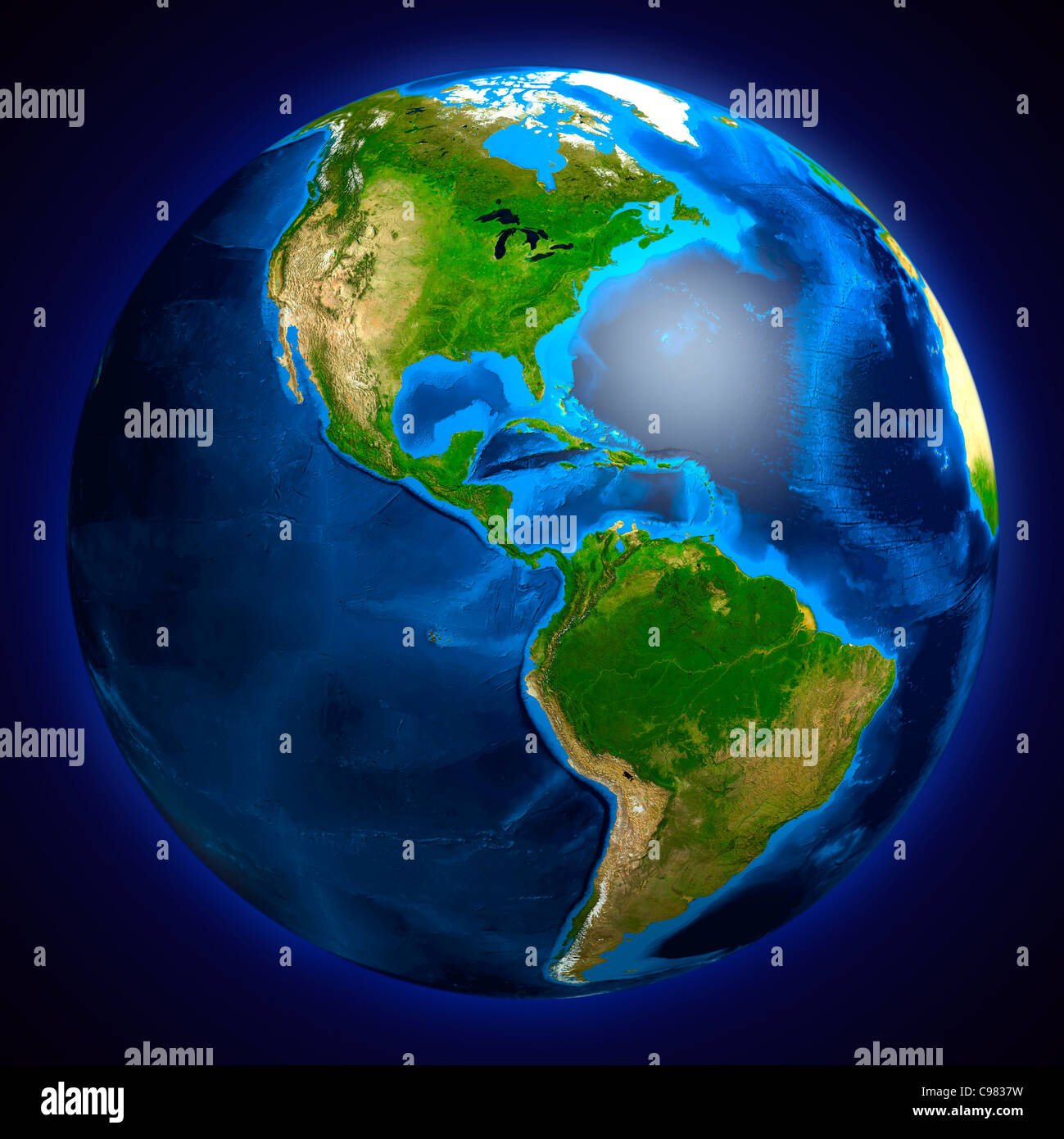 View of the Earth globe from space showing South and North American continents. Isolated on dark blue background. Stock Photo