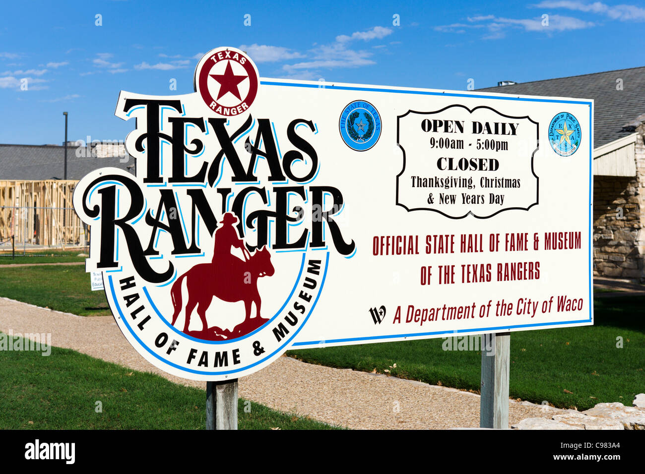 Sign outside the entrance to the Texas Ranger Hall of Fame and Museum in Waco, Texas, USA Stock Photo