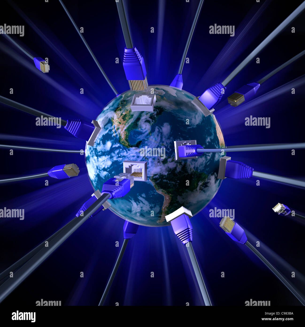 Network cable connectors plugging into the earth globe internet