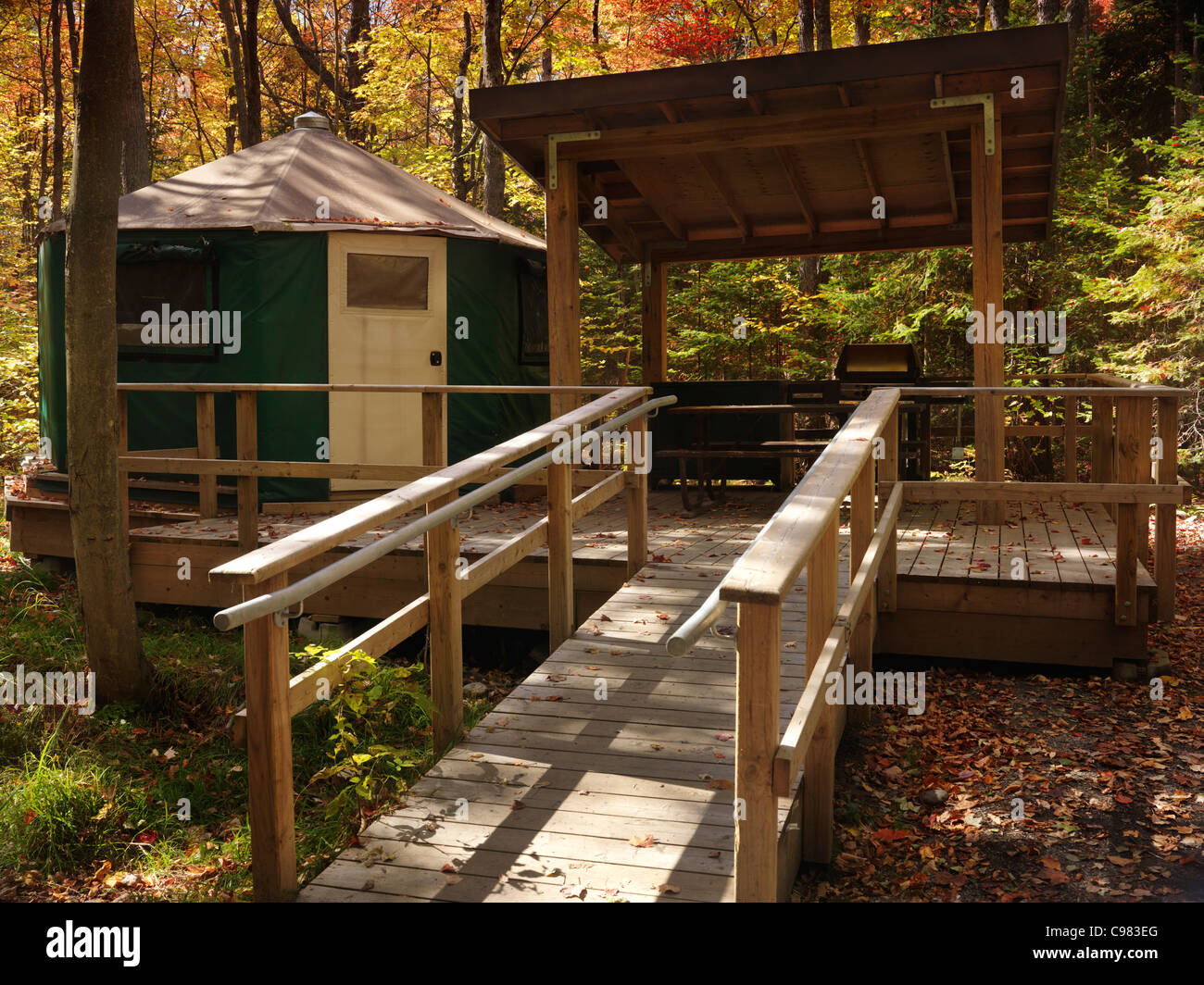 Yurt campsite. Fall nature scenic. Killarney Provincial Park, Ontario, Canada. Stock Photo