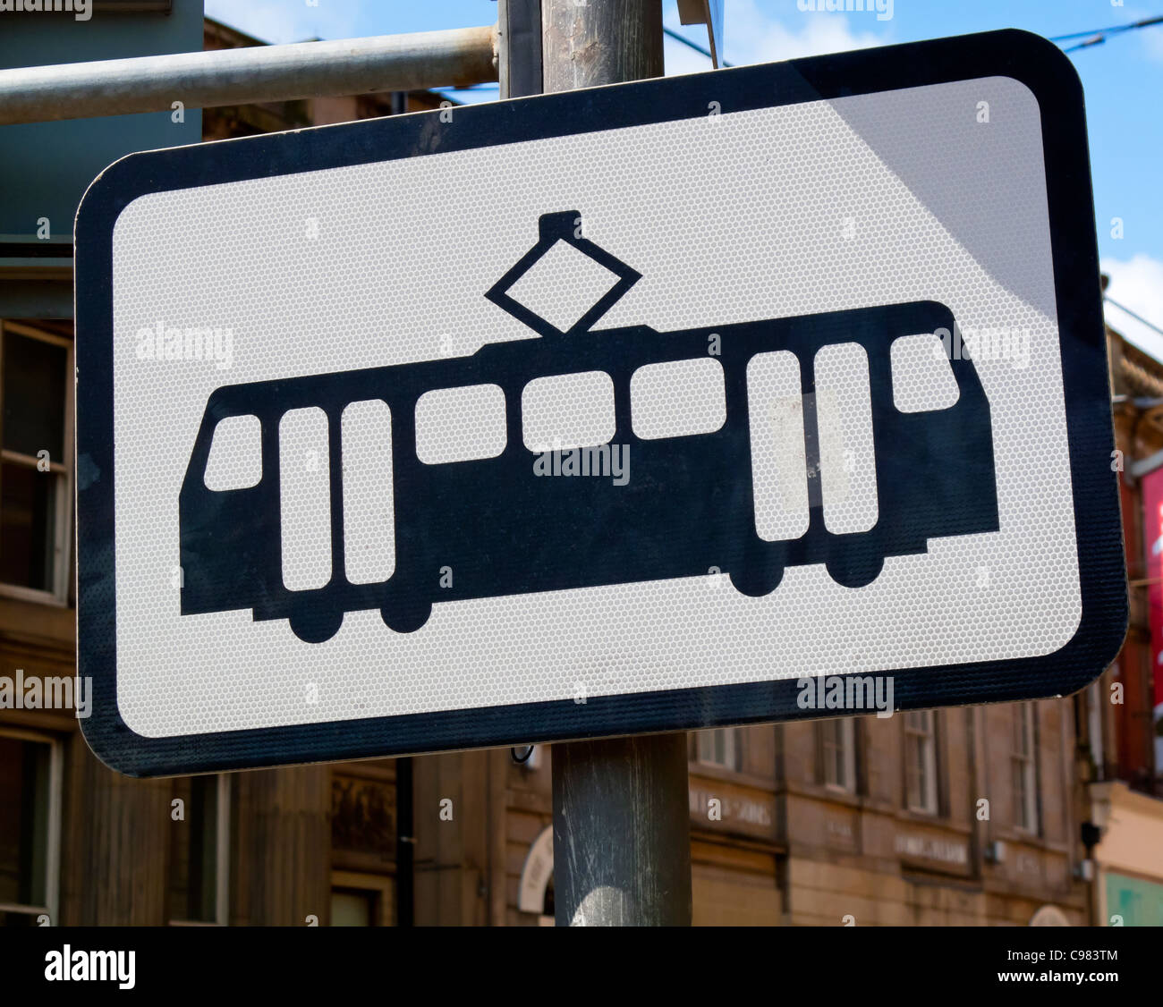 Warning sign for trams on the Supertram network in Sheffield South Yorkshire England UK Stock Photo
