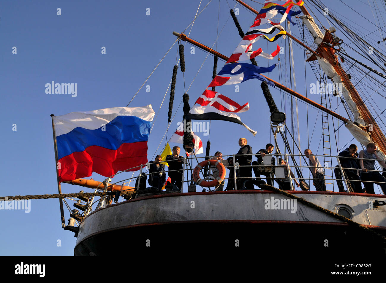 Crew waving from the Russian tall ship Krusenstern, maritime flair, Port Birthday Celebrations, Landungsbruecken, Port, Hamburg Stock Photo
