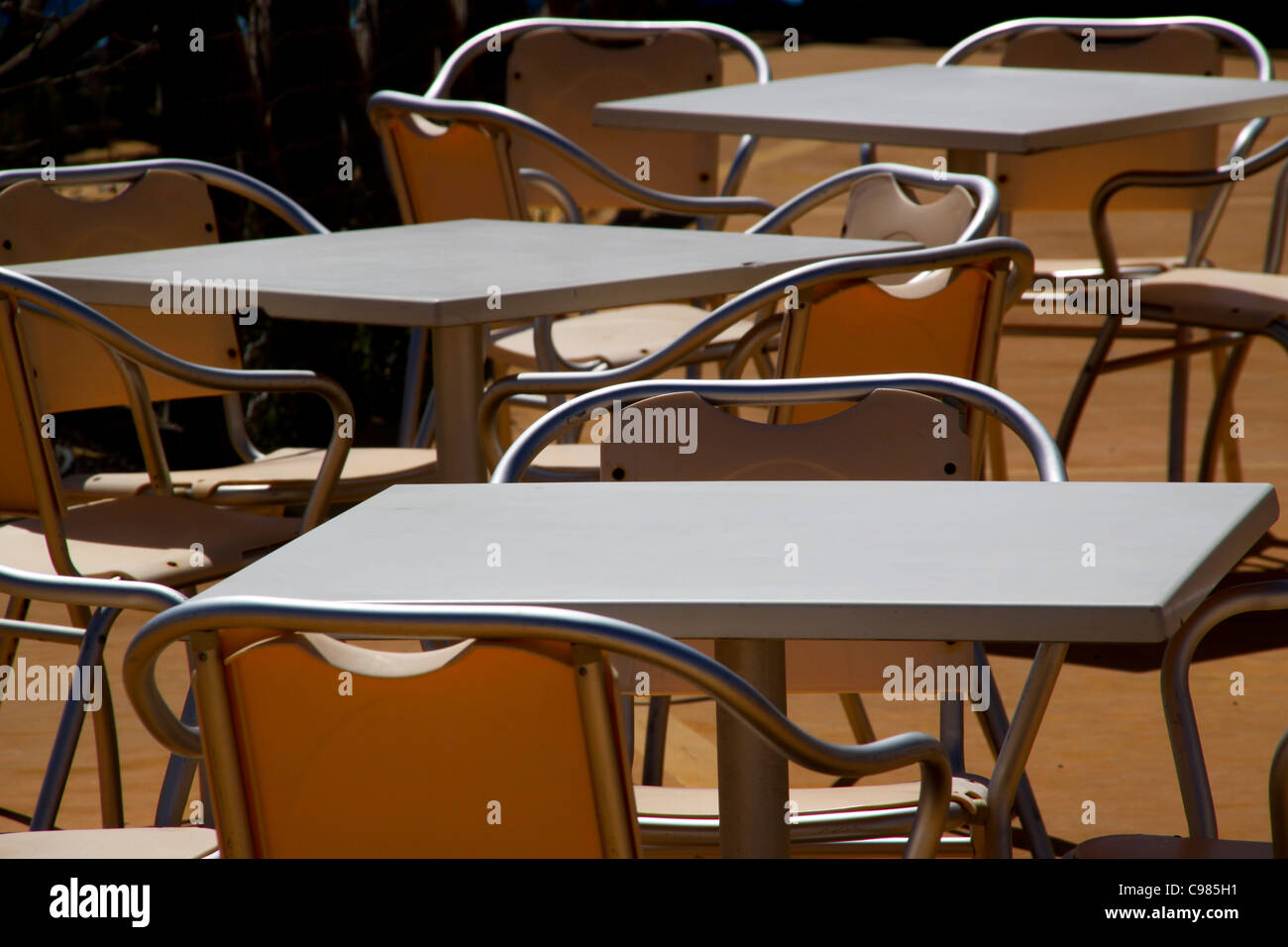 Tables and chairs at outdoor café Stock Photo Alamy