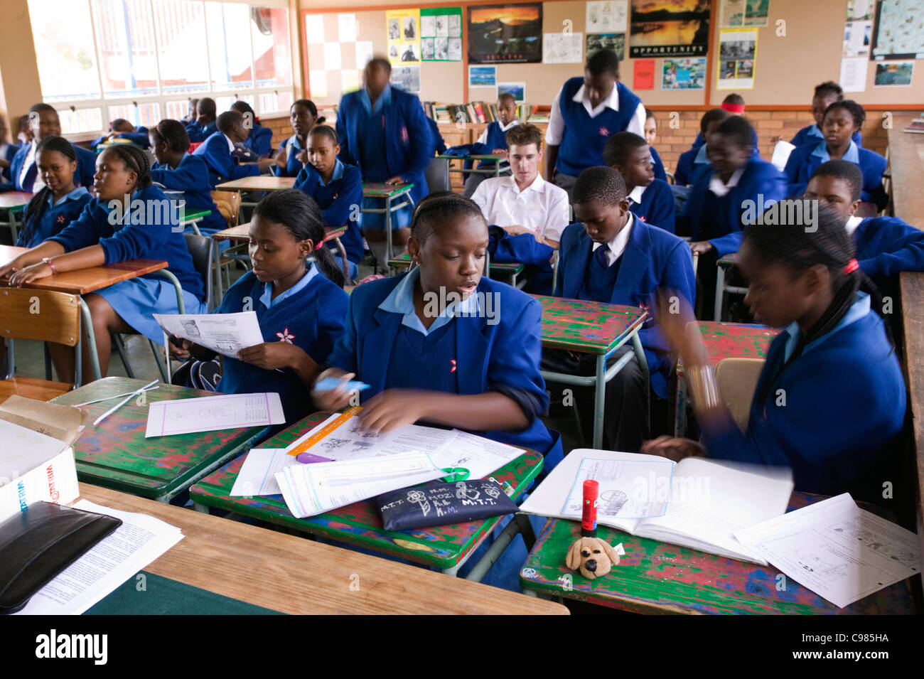High school learners seated at their desks during class at Lowveld High Stock Photo