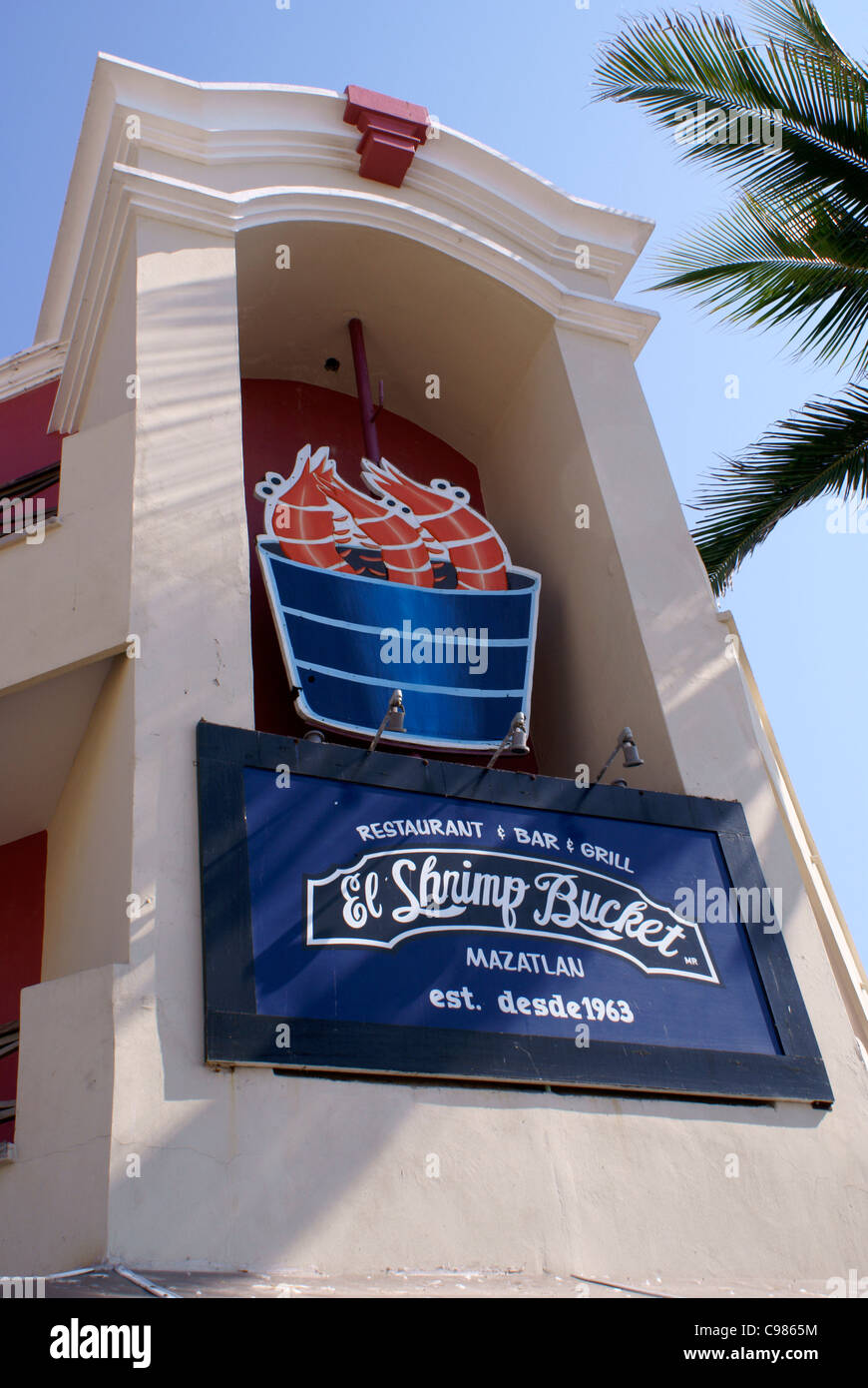 The Shrimp Bucket restaurant  on Paseo Olas Altas in Old Mazatlan, Sinaloa, Mexico Stock Photo