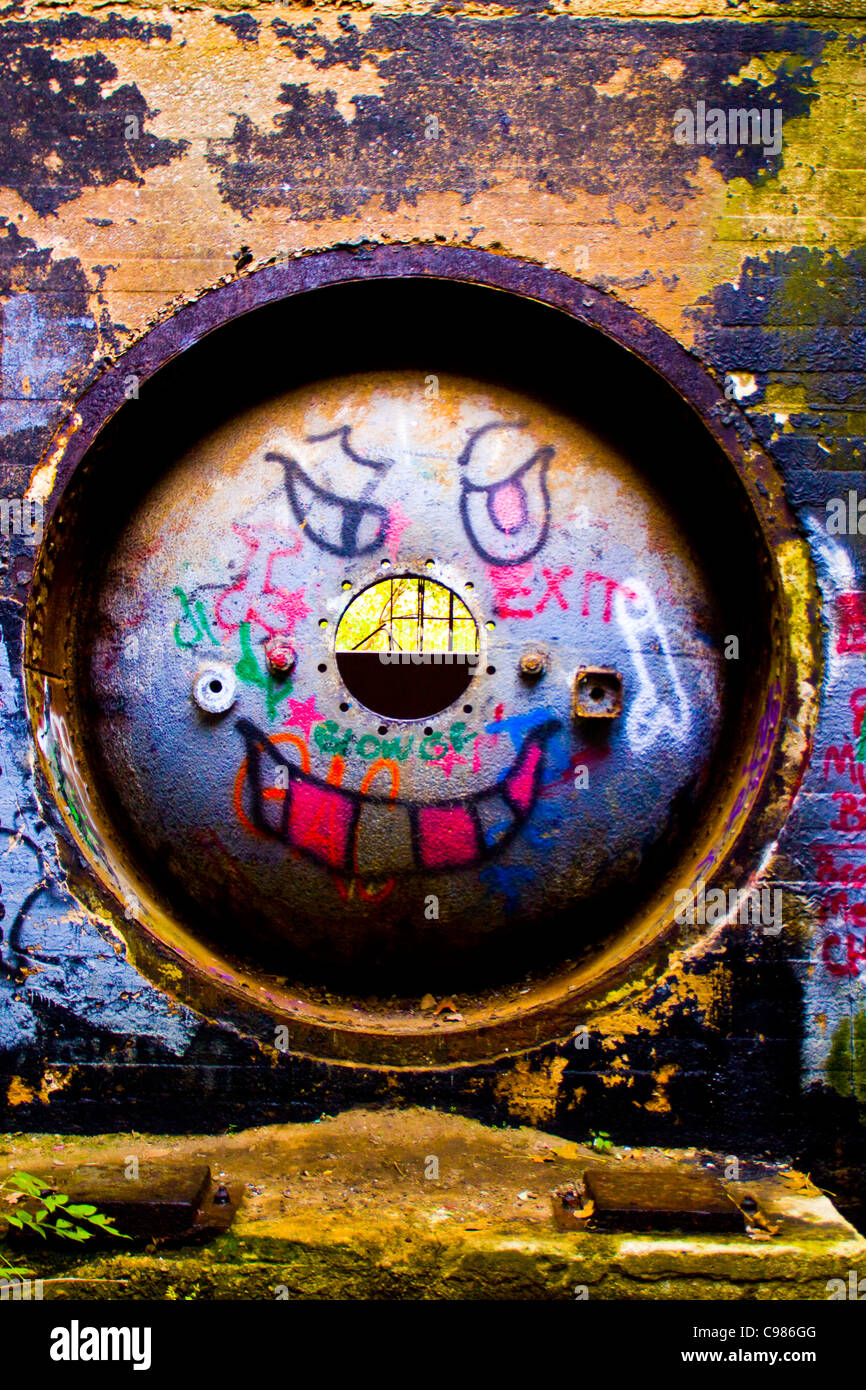 Graffiti on a wall of the abandoned Virginia Electric Power Company hydroelectric power plant on Belle Isle Park Richmond VA Stock Photo