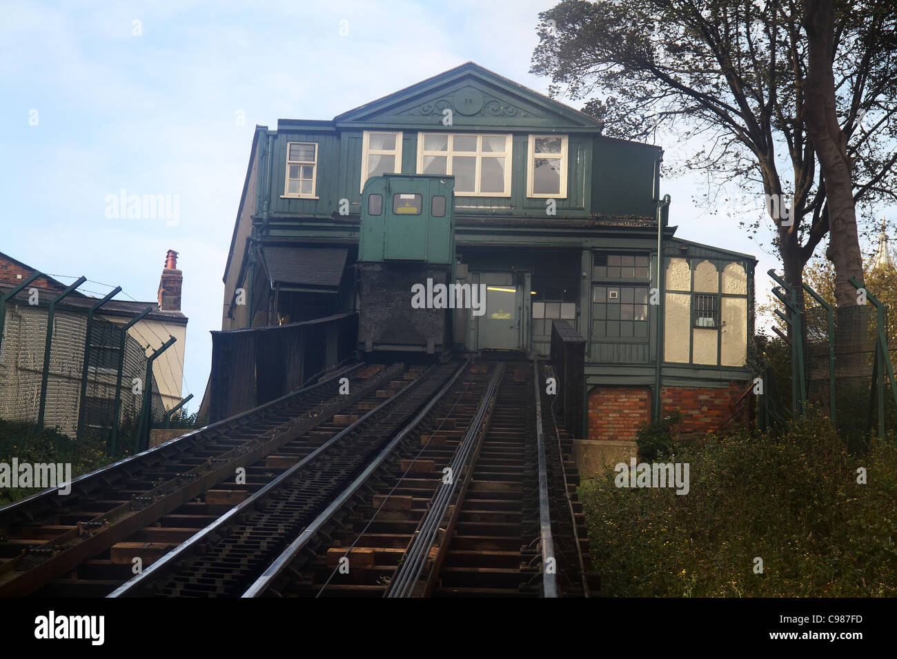 South cliff railway lift system in Scarborough. Stock Photo