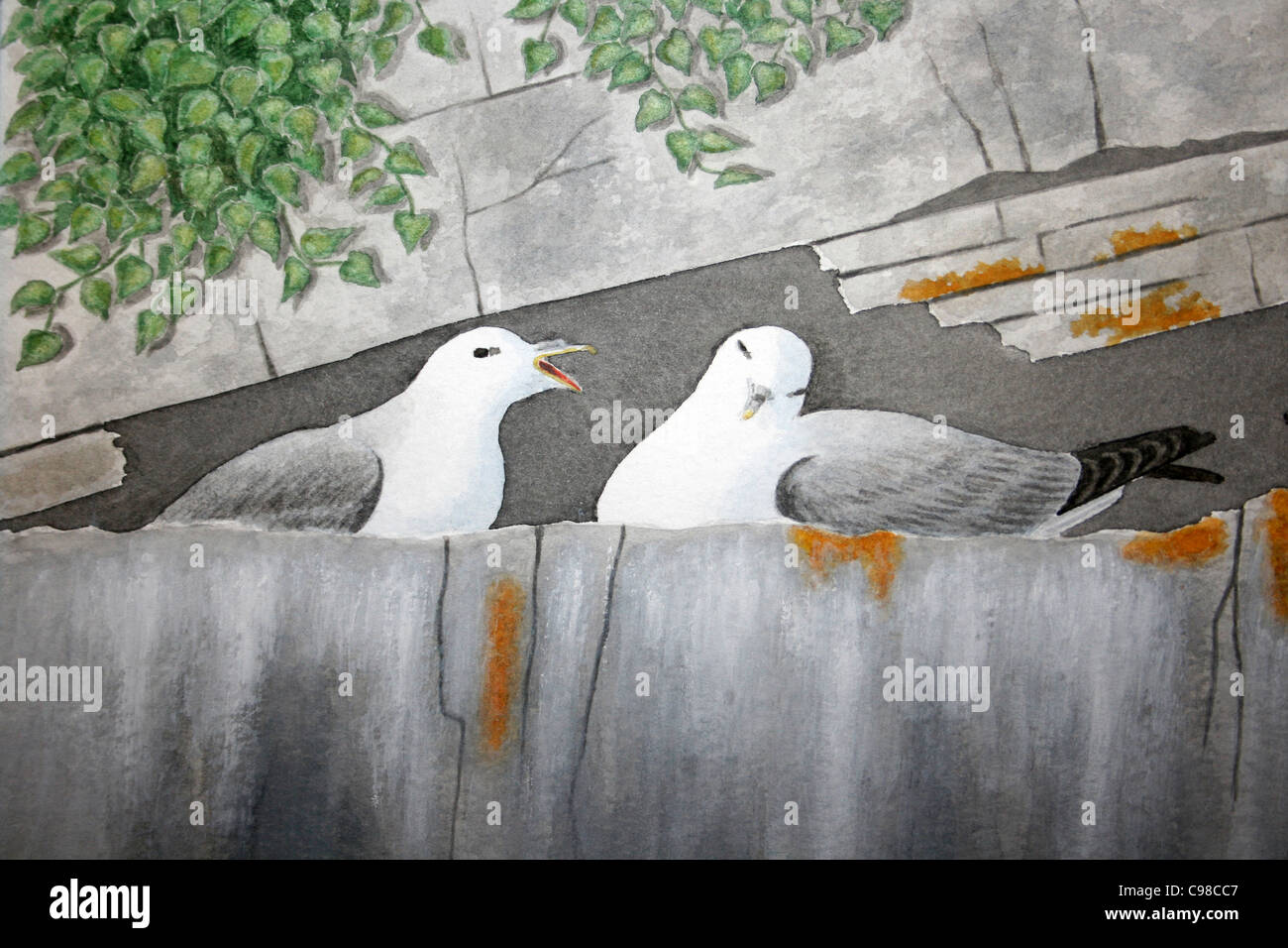 A Watercolour Of A Pair Of Nesting Northern Fulmar Fulmarus glacialis On A Cliff Stock Photo