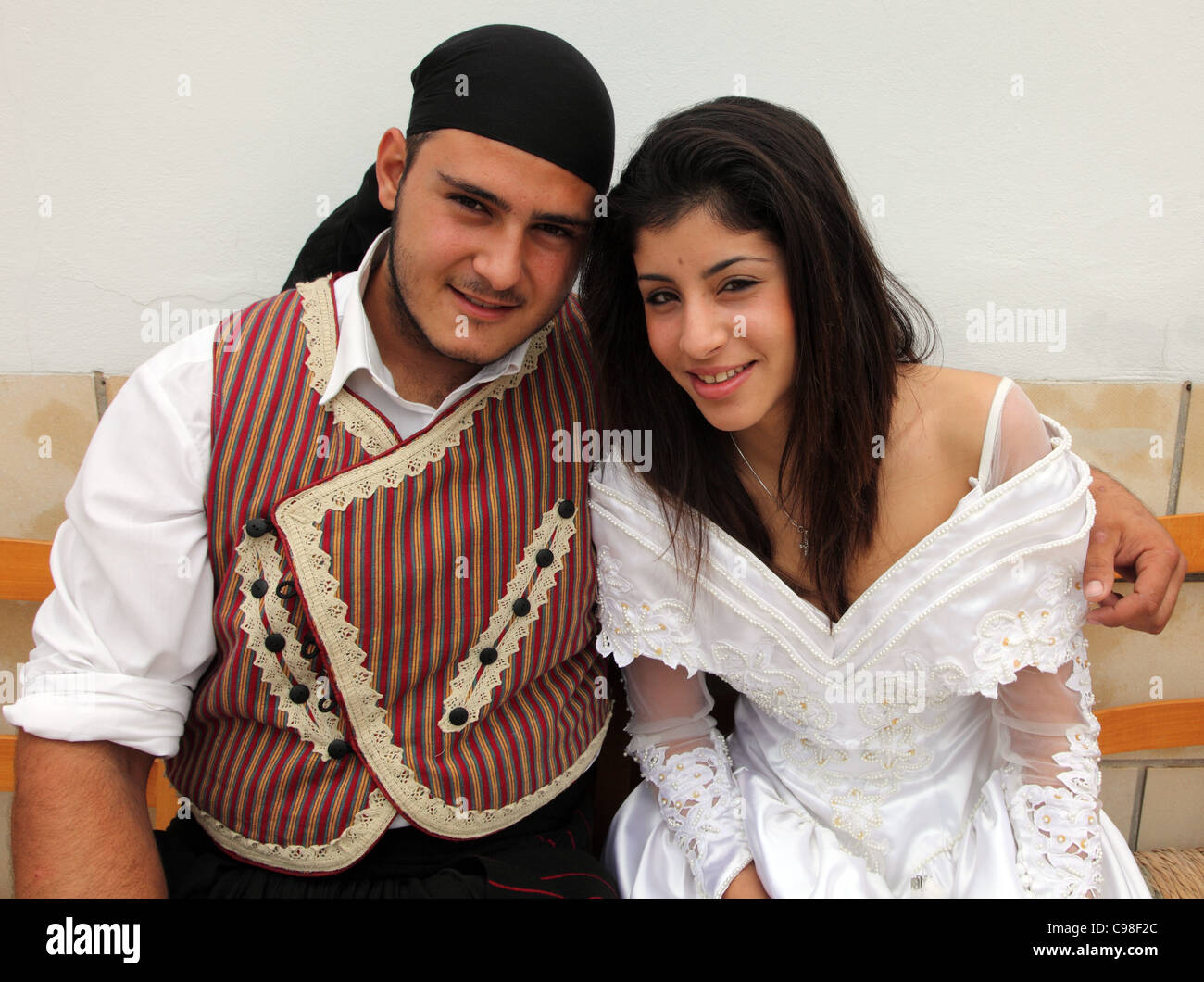 couple dressed for traditional Cypriot wedding, Paphos, Cyprus Stock Photo