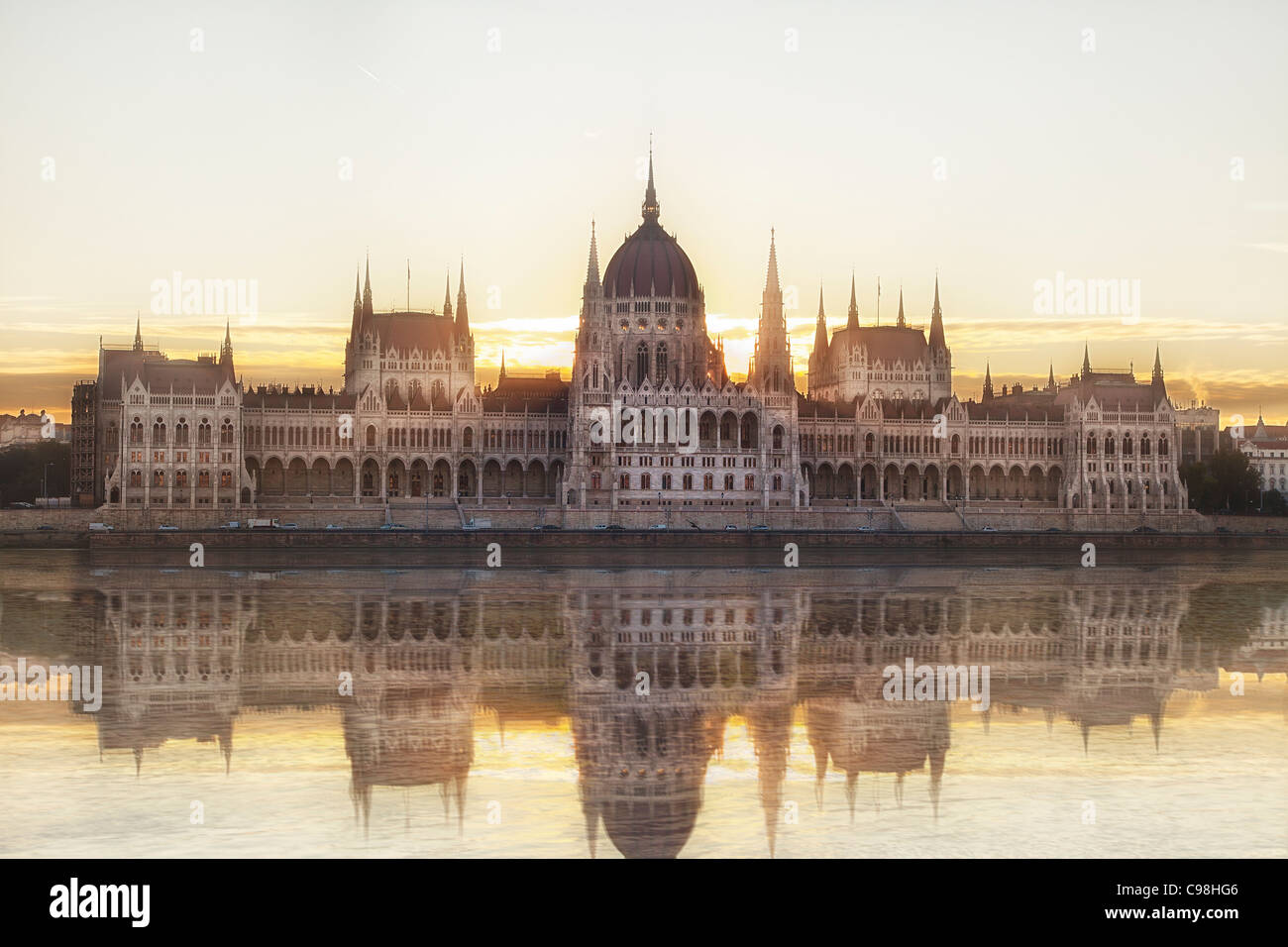 Budapest, Hungarian Parliament Building at Sunrise Stock Photo