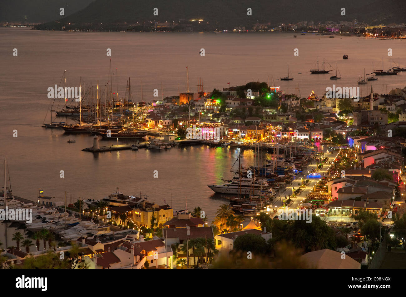 Evening twilight view of Marmaris Old Town and Harbour, Mugla, Turkey Stock Photo