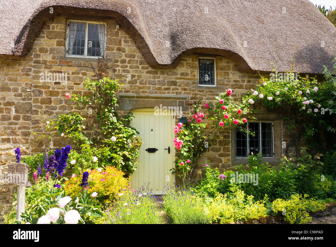 Detail of Thatched cottage, Cotswolds, Gloucestershire, England Stock Photo