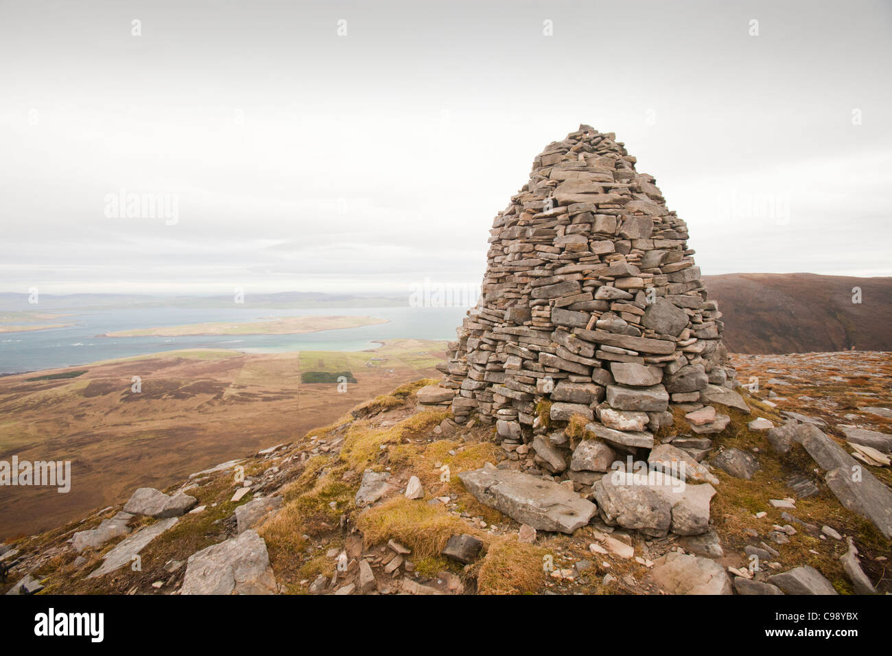 Looking onto Graemsay island and Scapa Flow from the summit of the peak of Cuilags on Hoy, Orkney, Scotland, UK. Stock Photo