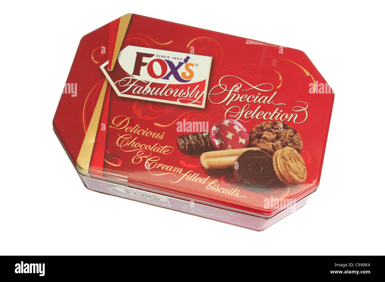 Tin Box Of Luxury Foxs Chocolate And Cream Biscuits Selection Stock