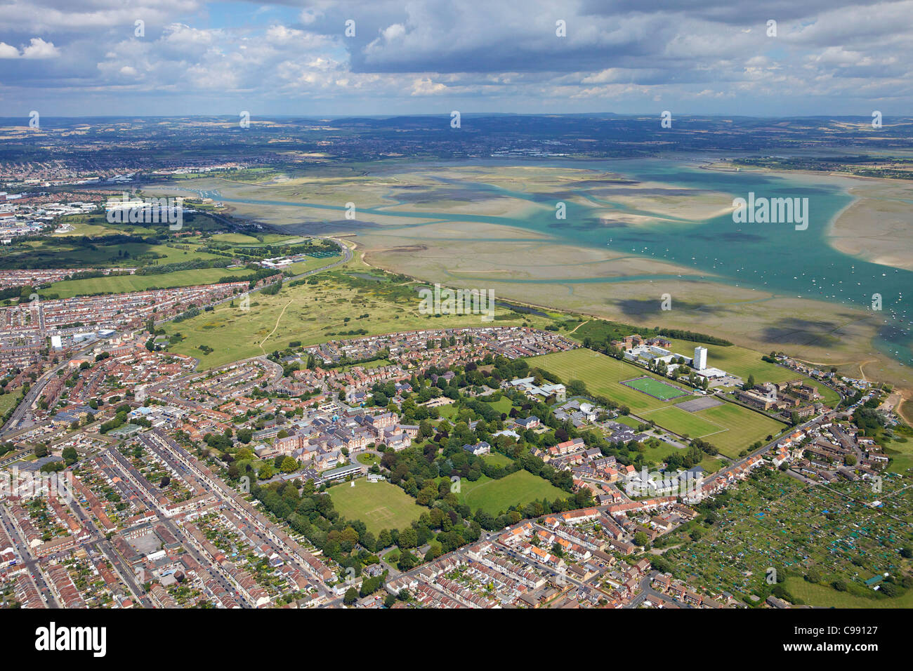 Aerial photo of Portsmouth harbour, Solent, south coast, Hampshire, England, UK, United Kingdom, GB Great Britain, British Isles Stock Photo