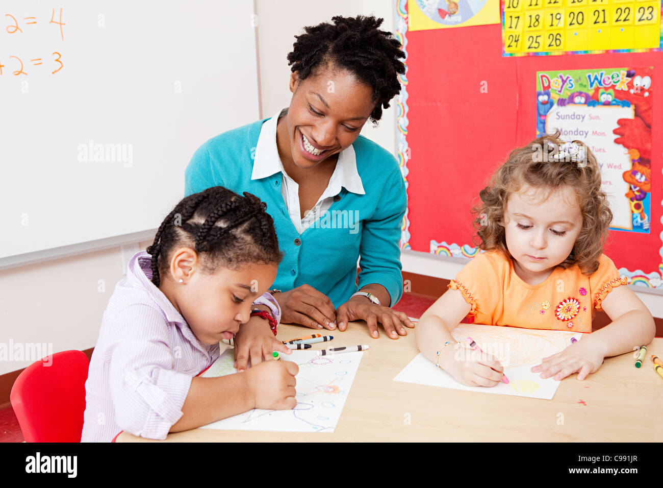 Teacher and girls in art class Stock Photo - Alamy