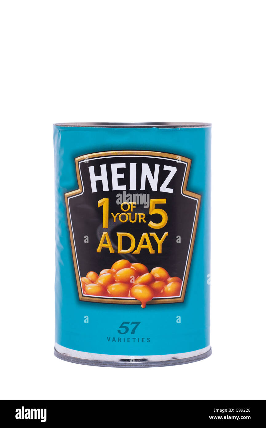 A tin of Heinz baked beans in tomato sauce on a white background Stock