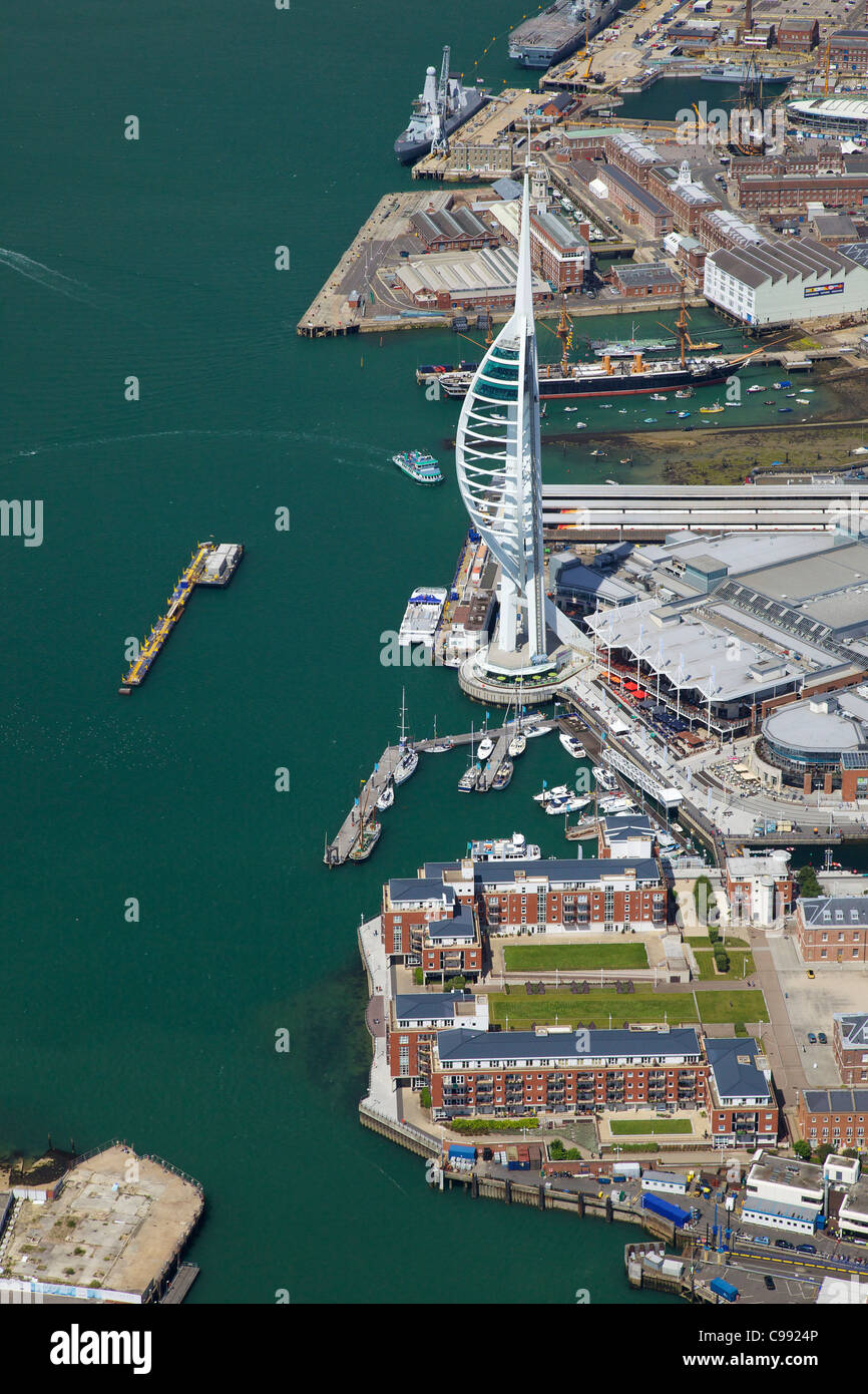 Aerial photo of Spinnaker Tower and Gunwharf Quays, Portsmouth, Solent, south coast, Hampshire, England, UK, United Kingdom, GB Stock Photo