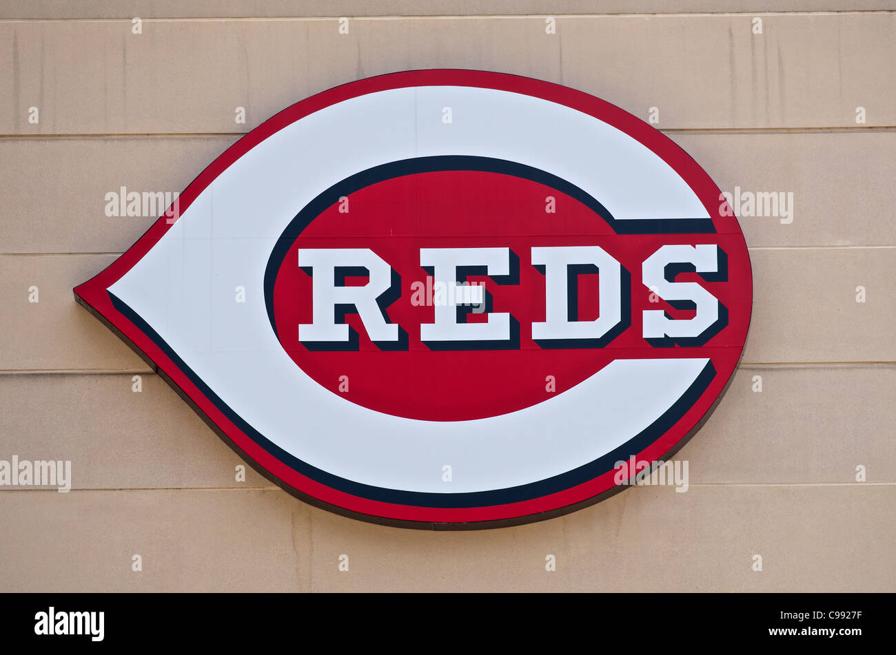 Reds sign on the Great American Ball Park in Cincinnati, Ohio Stock Photo