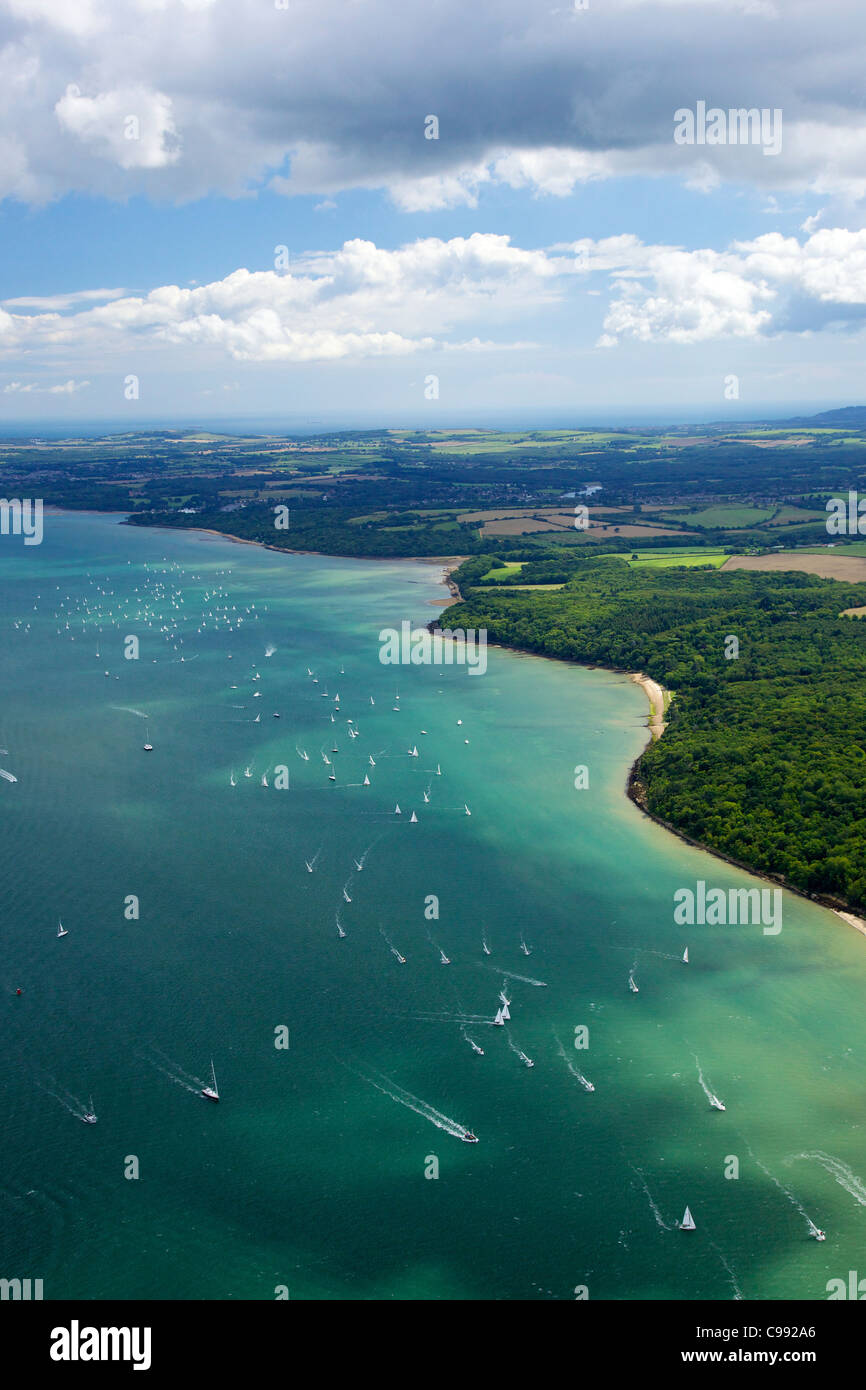 Aerial photo of  yachts racing in Cowes Week on the Solent, Isle of Wight, Hampshire, England, UK, United Kingdom, GB, Stock Photo