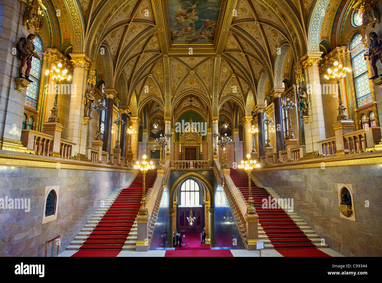 Budapest, Hungarian Parliament Building, Interior View of Stairway of Parliament Building Stock Photo