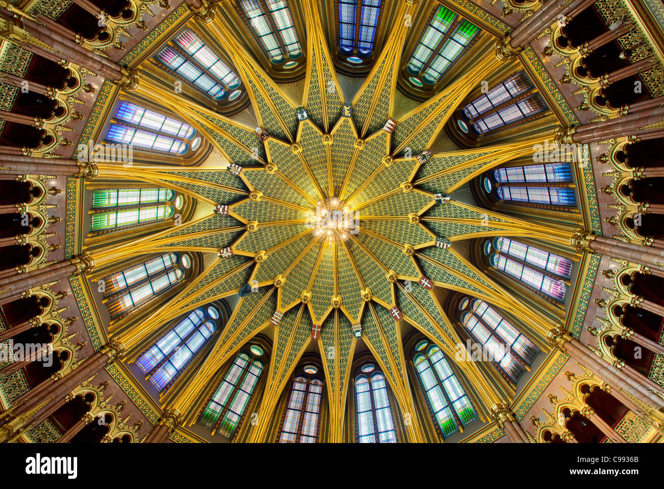 Budapest, Hungarian Parliament Building, Interior of Central Dome of Parliament Building Stock Photo