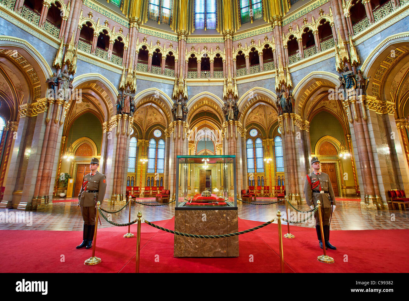 Budapest, Hungarian Parliament Building, Interior of Central Dome of Parliament Building Stock Photo