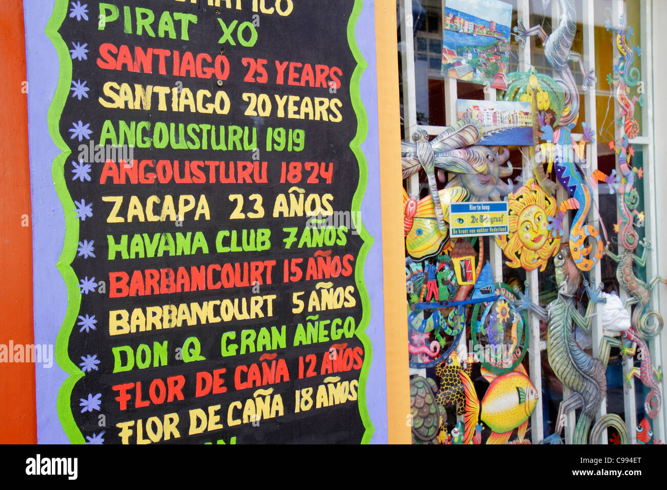 Willemstad Curaçao,Netherlands Lesser Leeward Antilles,ABC Islands,Punda,Columbusstraat,gift shop,souvenir,rum menu,Don Q,Flor de Cana,Barbancourt,liq Stock Photo