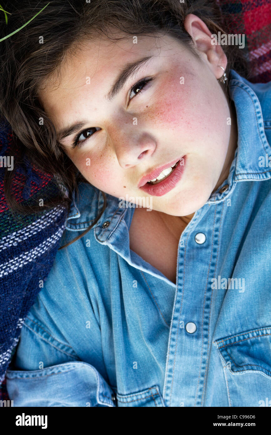 Naughty girl with denim shirt, summer close-up Stock Photo