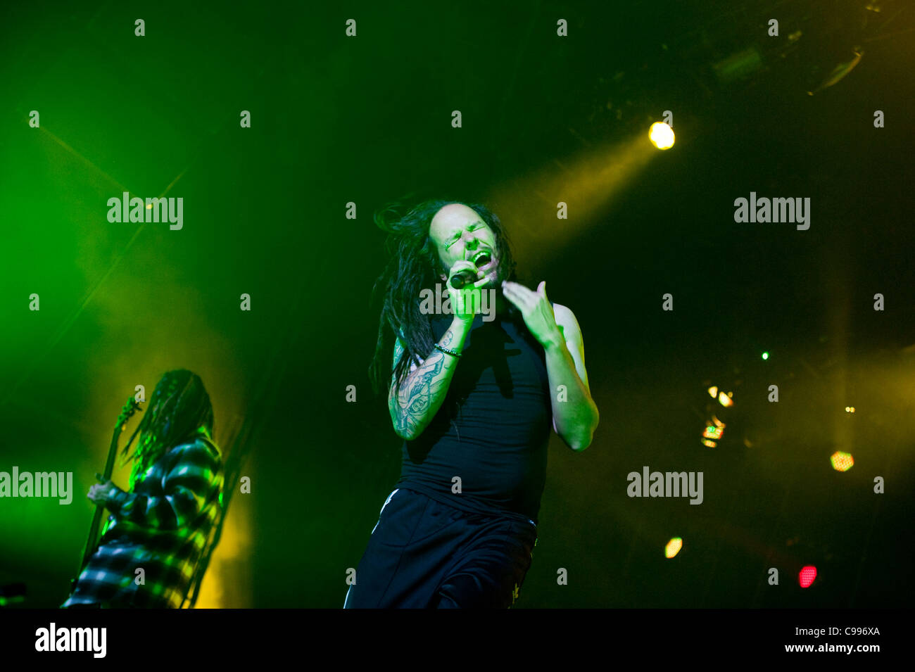 Korn perform on stage at Portland Memorial Coliseum in Portland, Oregon, USA  on the Music As A Weapon Tour on 3/15/2011. Stock Photo