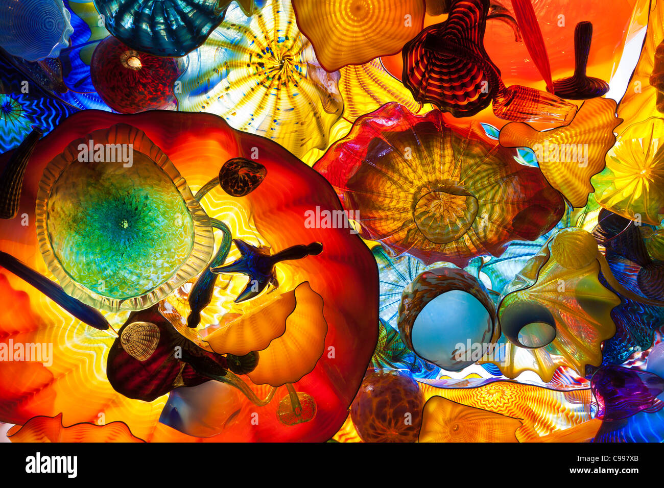 Dale Chihuly glass ceiling sculptures at the Franklin Park Conservatory in Columbus, Ohio. Stock Photo