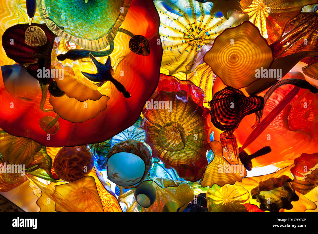 Dale Chihuly glass ceiling sculptures at the Franklin Park Conservatory in Columbus, Ohio. Stock Photo