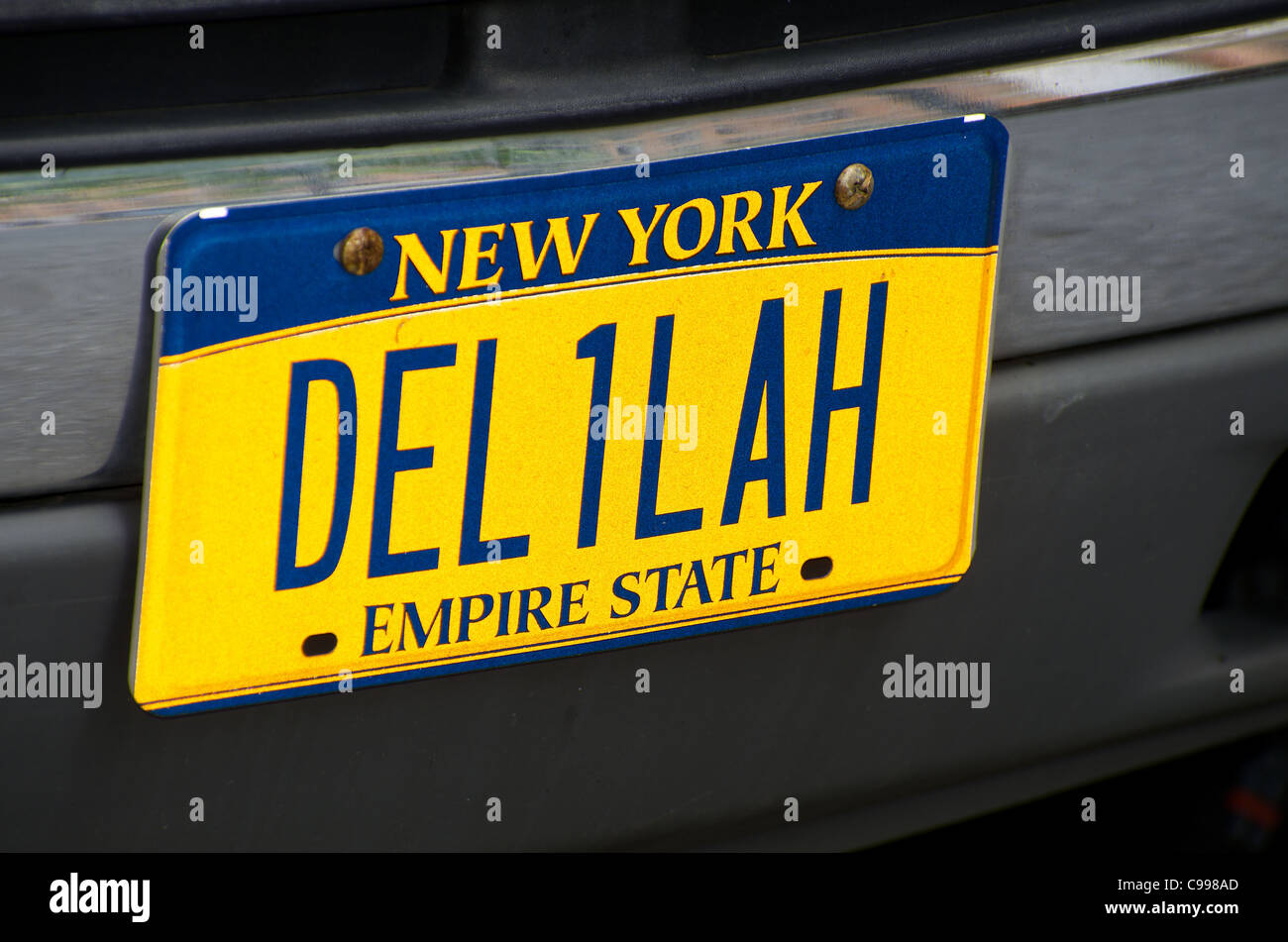 Private number plate on a New York vehicle spelling the name Delilah Stock Photo
