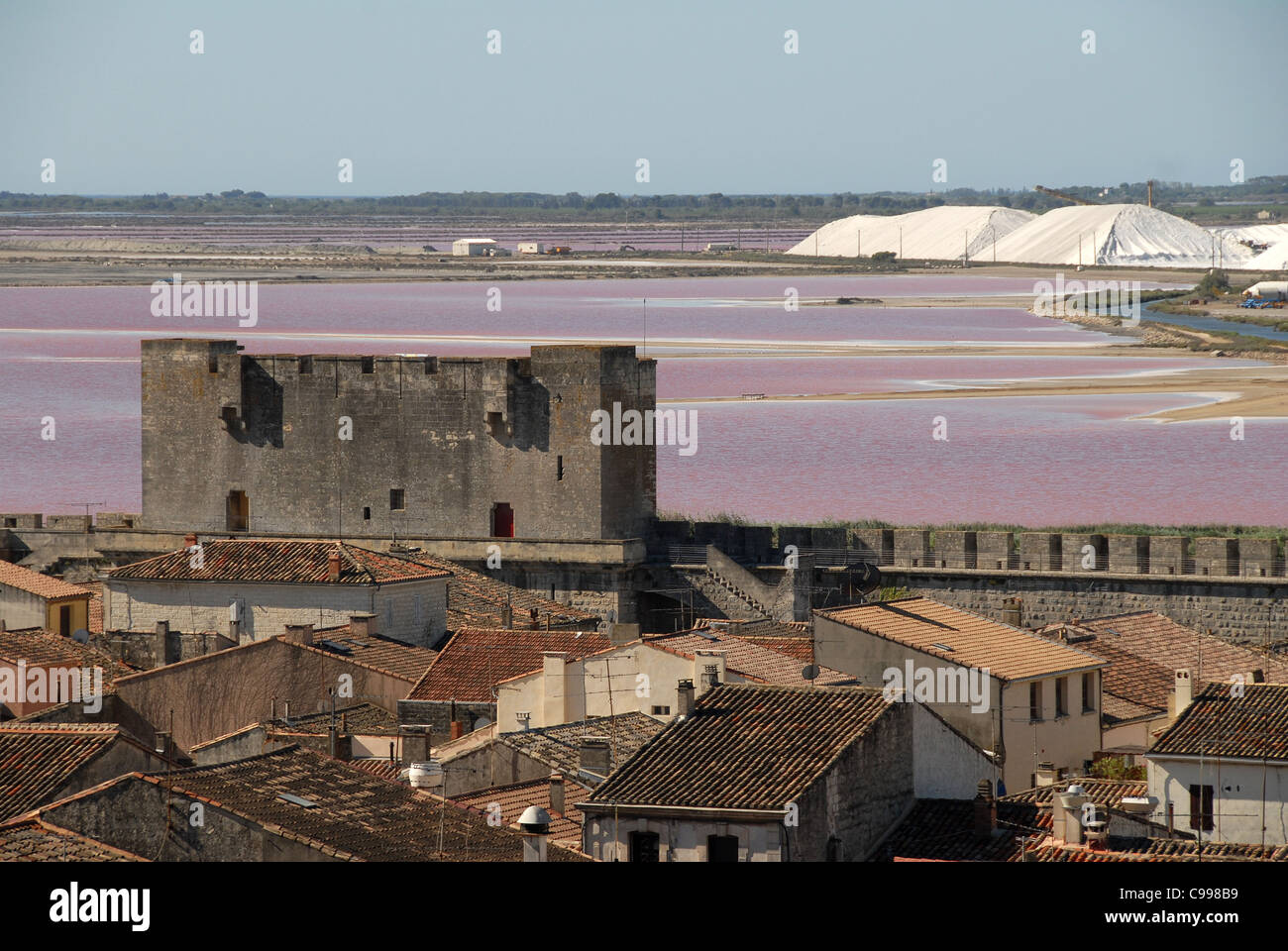 View from the  old town's ramparts of Aigues-Mortes in Camargue, southern France, towards the salt marshes Stock Photo