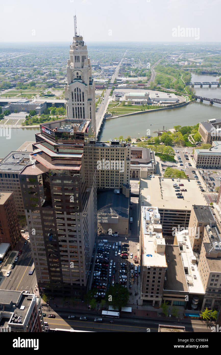 Aerial view of downtown Columbus, Ohio taken from the James A. Rhodes State Office Building looking west across the Scioto River Stock Photo