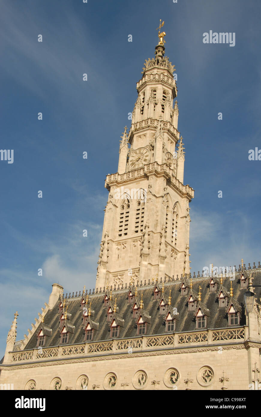 Belfry or tower of the town hall at the Place des Héros in Arras of Nord-Pas de Calais in France Stock Photo