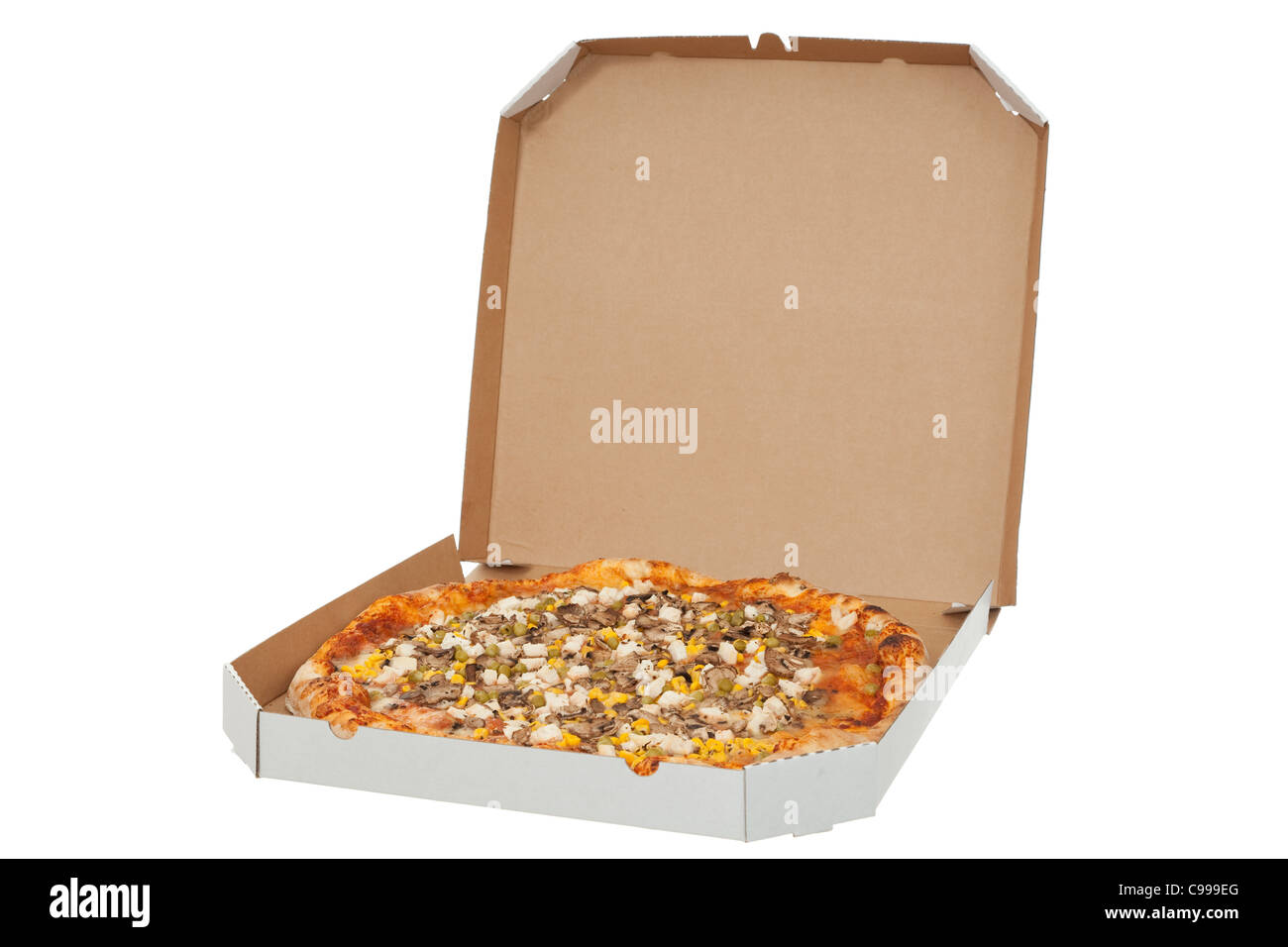huge pizza in box takeaway on white background Stock Photo