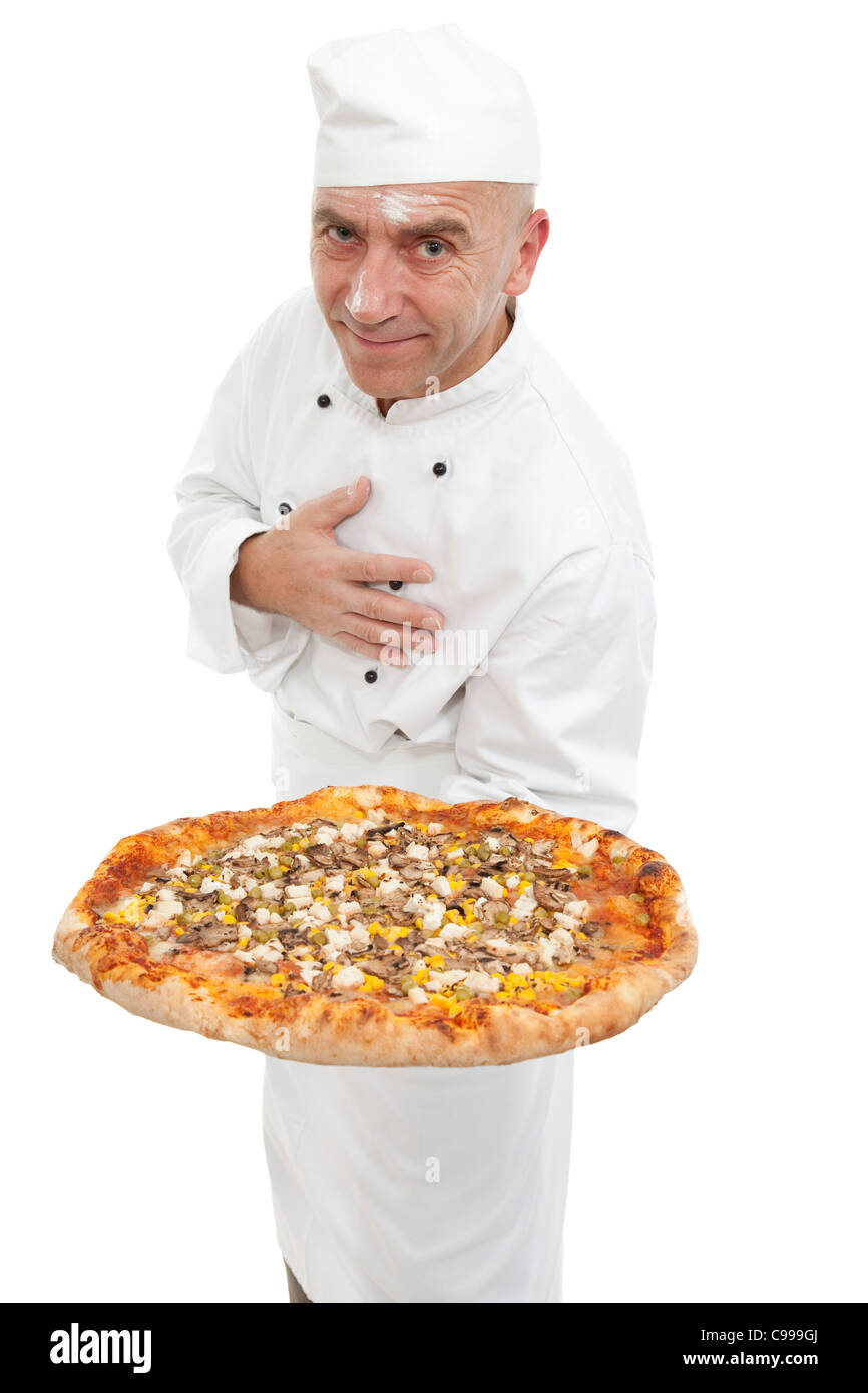 baker of pizza with big and fresh pizza Stock Photo
